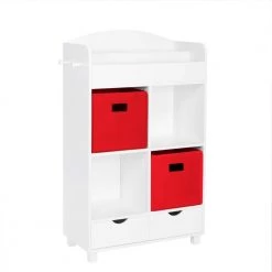 Kids White Cubby Storage Cabinet with Bookrack with 2-Piece Red Bins by RiverRidge Home