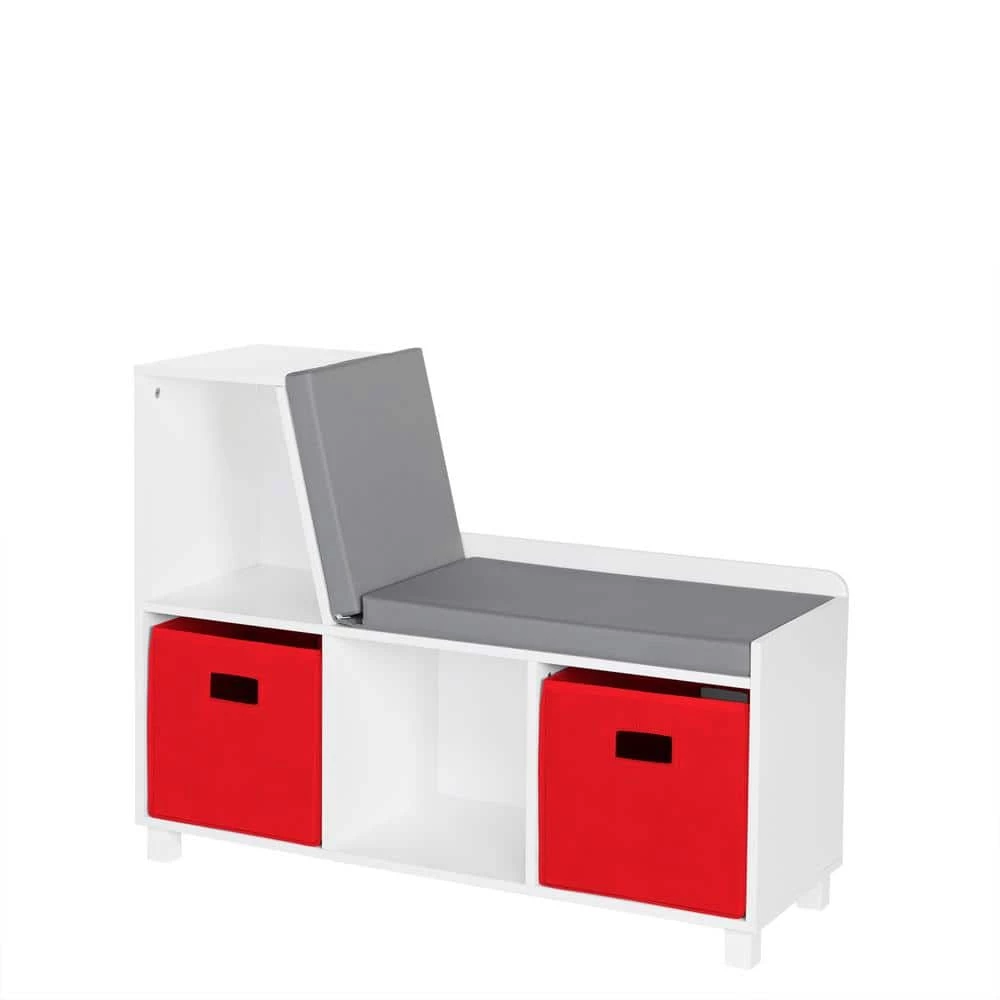 Kids White Storage Bench with Cubbies with 2pc Red Bins by RiverRidge Home 1 Kids White Storage Bench with Cubbies with 2pc Red Bins by RiverRidge Home