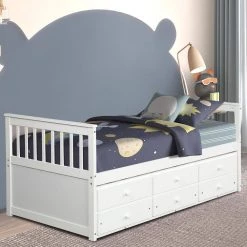 White Captain's Bed Twin Daybed with Trundle Bed and Storage Drawers by SUNRINX -Furniture Store white sunrinx daybeds mg4 2we 4f 1000