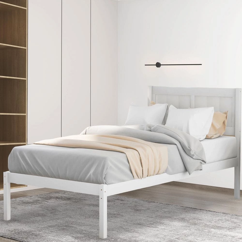 White Bed Frame Wood Twin Platform Bed by SUNRINX 1 White Bed Frame Wood Twin Platform Bed by SUNRINX