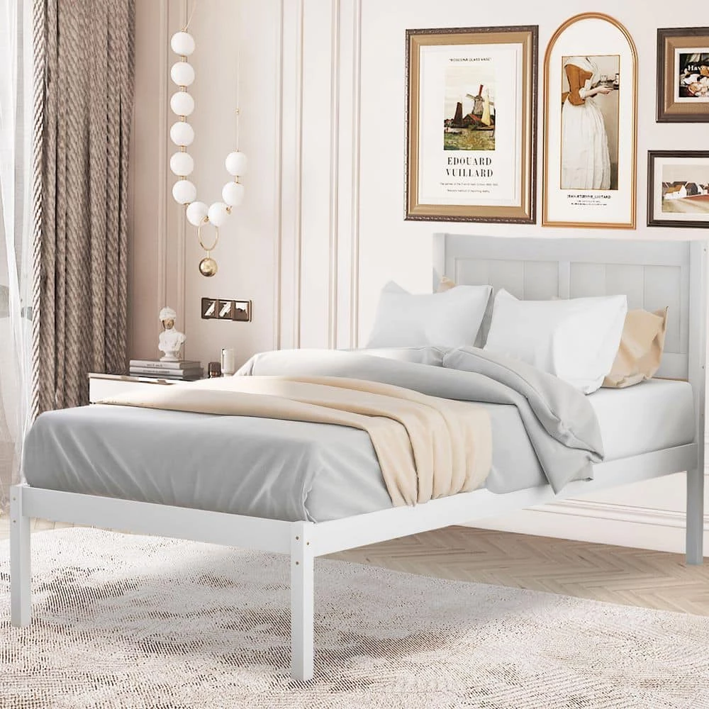 White Bed Frame Wood Twin Platform Bed by SUNRINX 3 White Bed Frame Wood Twin Platform Bed by SUNRINX - Image 3