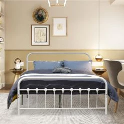 Industrial White Finished Metal Frame Queen Size Platform Bed (61 in W.x 42.5 in H.) by SUNRINX -Furniture Store white sunrinx platform beds mg7 1xz 4f 1000