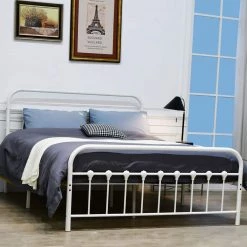 Industrial White Finished Metal Frame Queen Size Platform Bed (61 in W.x 42.5 in H.) by SUNRINX