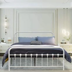 Industrial White Finished Metal Frame Queen Size Platform Bed (61 in W.x 42.5 in H.) by SUNRINX -Furniture Store white sunrinx platform beds mg7 1xz c3 1000