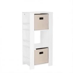 Kids White Cubby Storage Tower with Bookshelves with 2-Piece Taupe Bins by RiverRidge Home