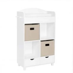 Kids White Cubby Storage Cabinet with Bookrack with 2-Piece Taupe Bins by RiverRidge Home