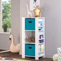 Kids White Cubby Storage Tower with Bookshelves with 2-Piece Turquoise Bins by RiverRidge Home -Furniture Store white turquoise bins riverridge home kids bookshelves 02 167k 40 1000
