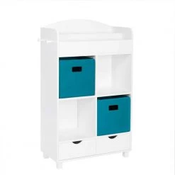 Kids White Cubby Storage Cabinet with Bookrack with 2-Piece Turquoise Bins by RiverRidge Home
