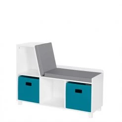Kids White Storage Bench with Cubbies with 2pc Turquoise Bins by RiverRidge Home